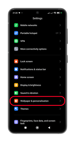 Xiaomi settings menu with 'Wallpaper & personalisation' option highlighted.