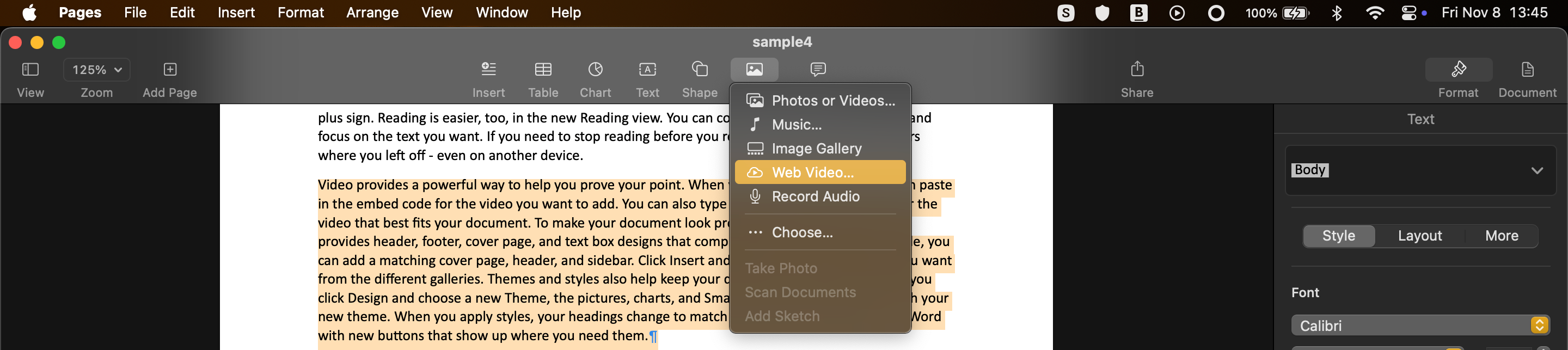 Media options in Apple Pages.