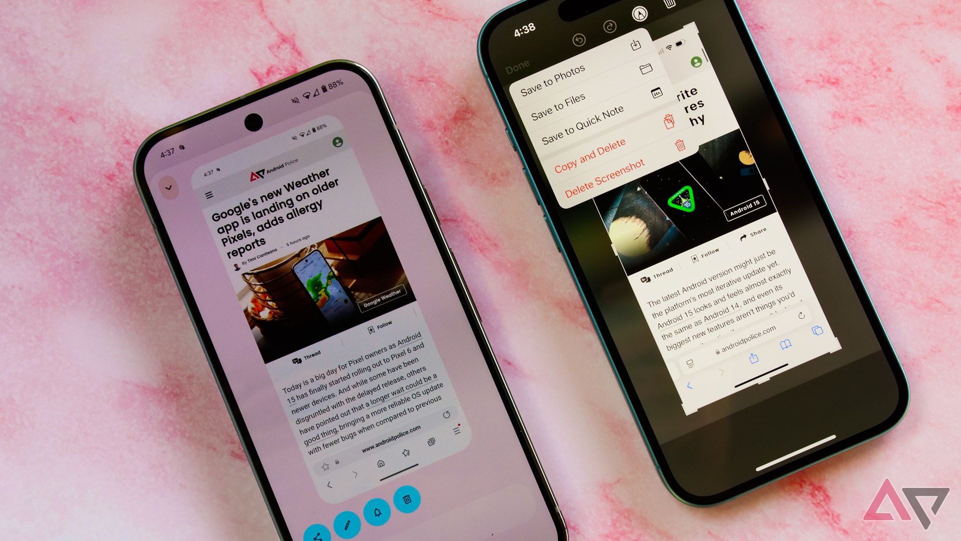 An iPhone and Pixel 9 Pro next to each other showing different screenshot UIs.