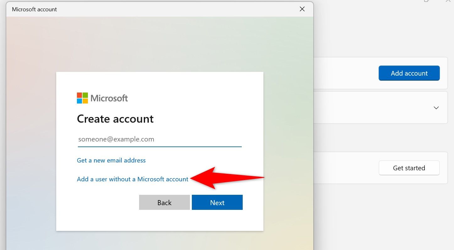 "Add a User Without a Microsoft Account" highlighted in Settings.