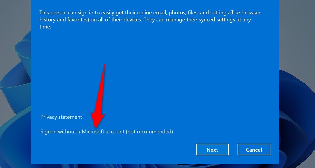 "Sign In Without a Microsoft Account (Not Recommended)" highlighted in Netplwiz.