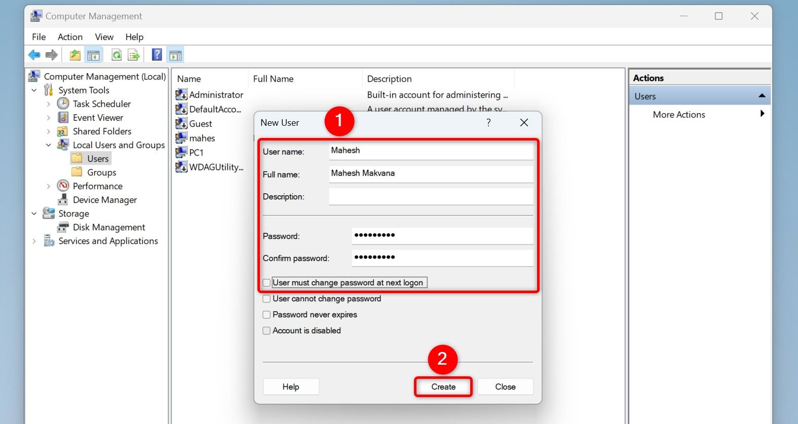 The fields to create a new account highlighted in Computer Management.