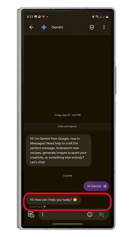 A mobile screen showing a chat with Gemini from Google Messages, asking how it can help today.