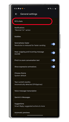 Settings screen of Google Messages featuring options for RCS chats and various chat settings.