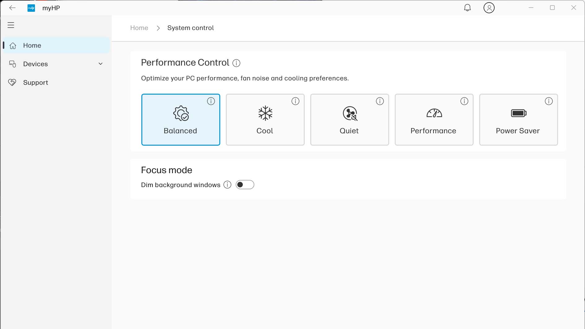 A screenshot showing five different power modes available within MyHP. 