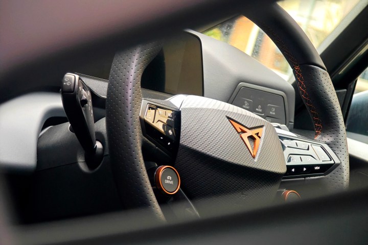 The Cupra Born VZ's logo on the steering wheel.