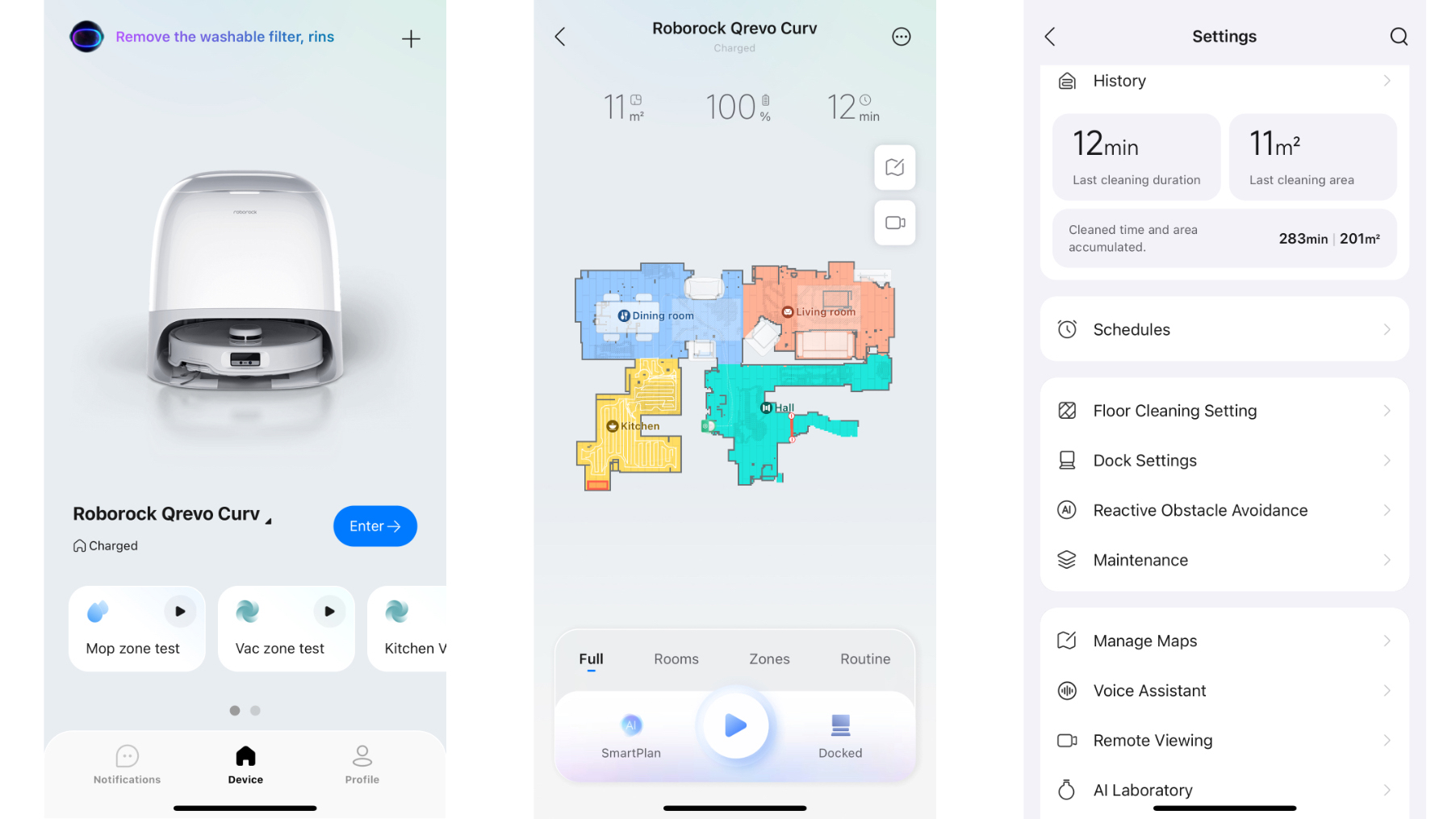 Screenshots from within the Roborock Qrevo Curv robot vacuum companion app