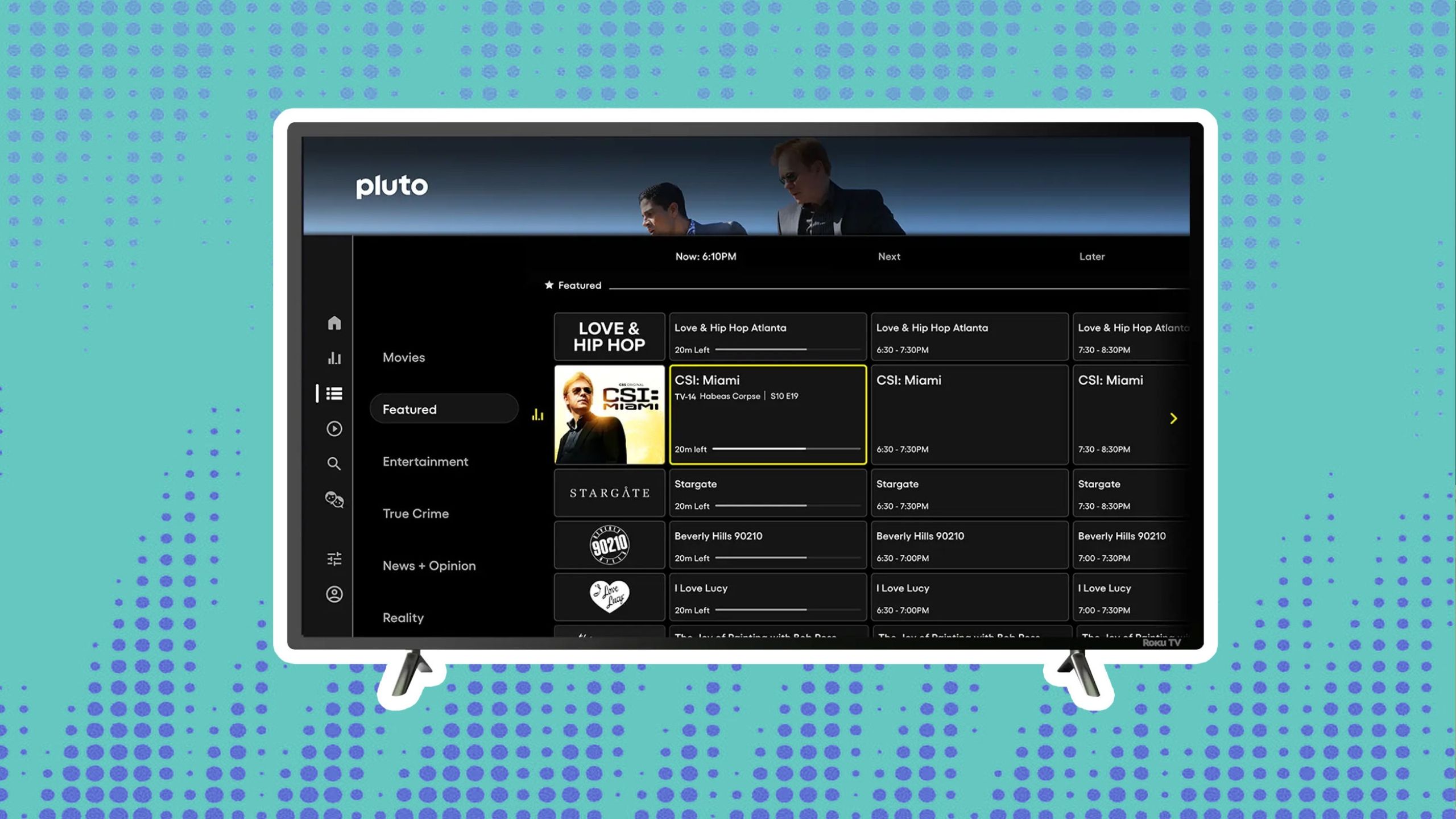 Pluto TV on a rendering of a TV. 