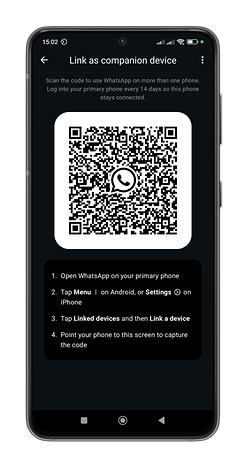 WhatsApp companion device setup screen with QR code and instructions.