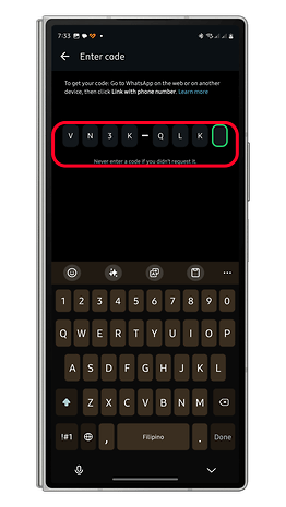 WhatsApp screen to enter a code, showing code 'VN3K-QLK' and a keyboard.