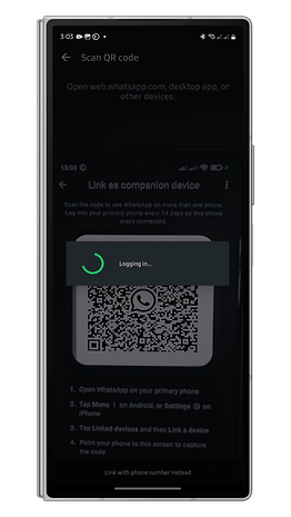 WhatsApp screen displaying a QR code for linking devices, with a 'Logging in...' message.