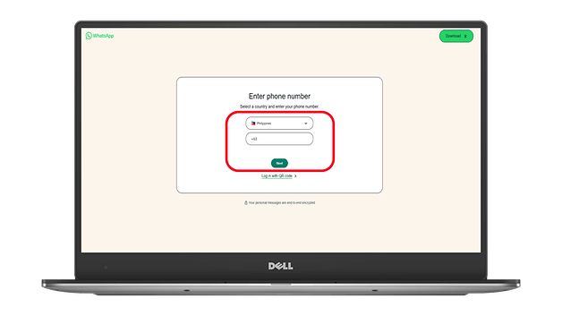 WhatsApp login screen showing input for phone number and country selection for Philippines.