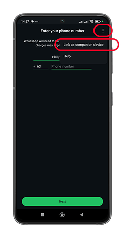 WhatsApp phone number entry screen with options 'Link as companion device' and 'Help'.