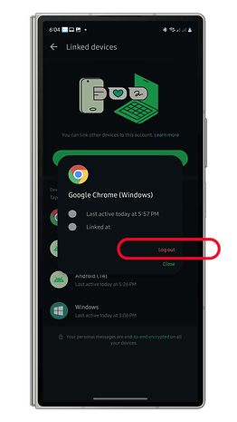 WhatsApp linked devices screen showing Google Chrome and options to log out.