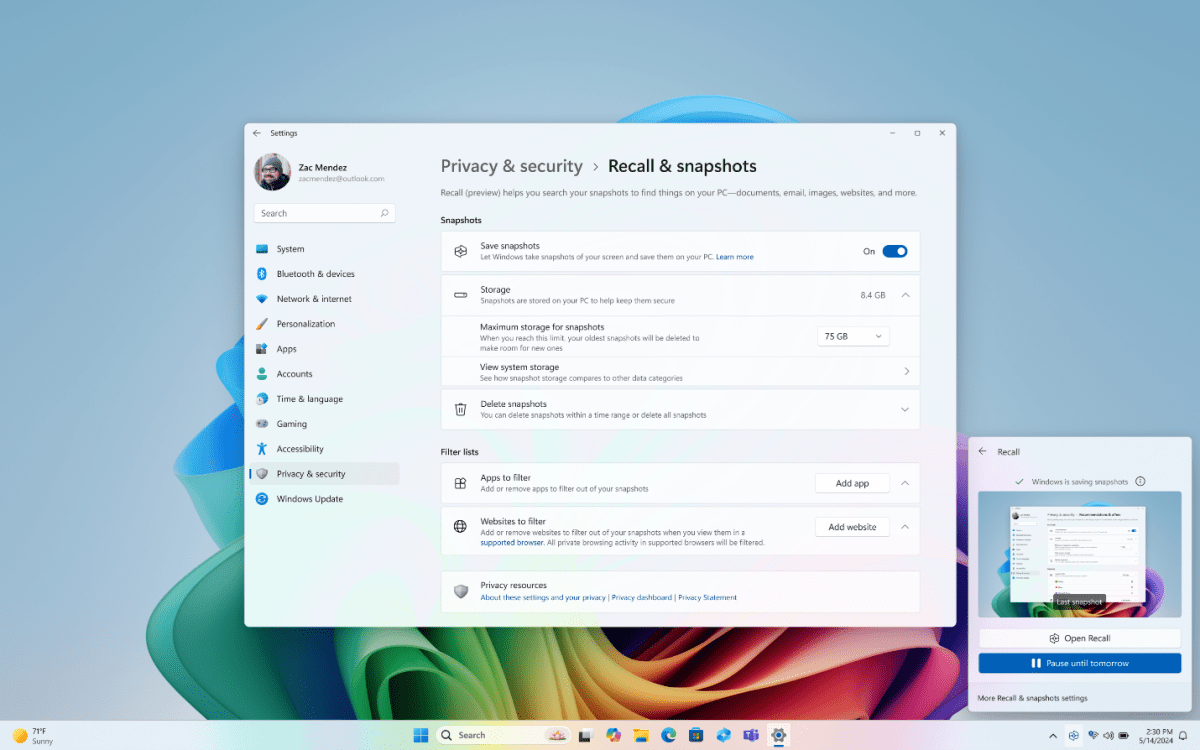 Microsoft Recall settings in Windows 11 (Build 2024)