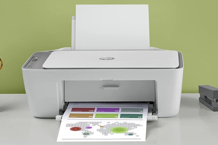 The HP DeskJet 2755e wireless printer lifestyle image.