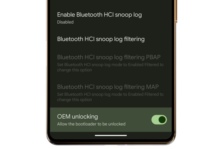 Enabling the OEM unlocking system on Android 16.