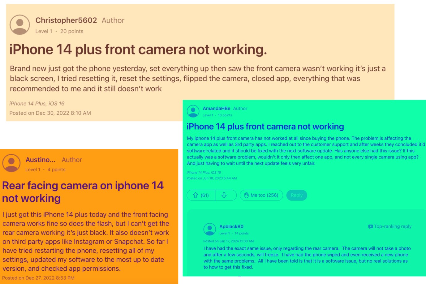 Complaints regarding iPhone 14 Plus camera on Apple forum.