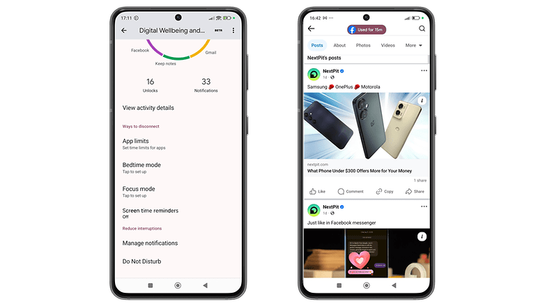 Two smartphone screens displaying digital wellbeing features and social media posts.