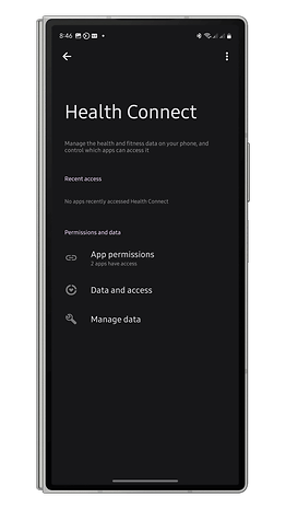 Health Connect app interface showing permissions and data access options.