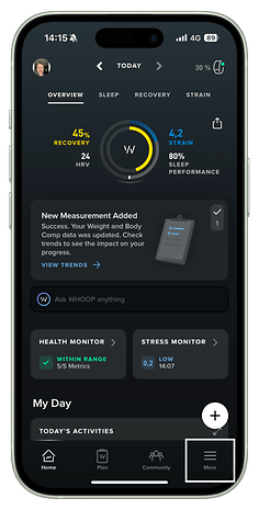 WHOOP app overview showing recovery, HRV, and weight measurement update.