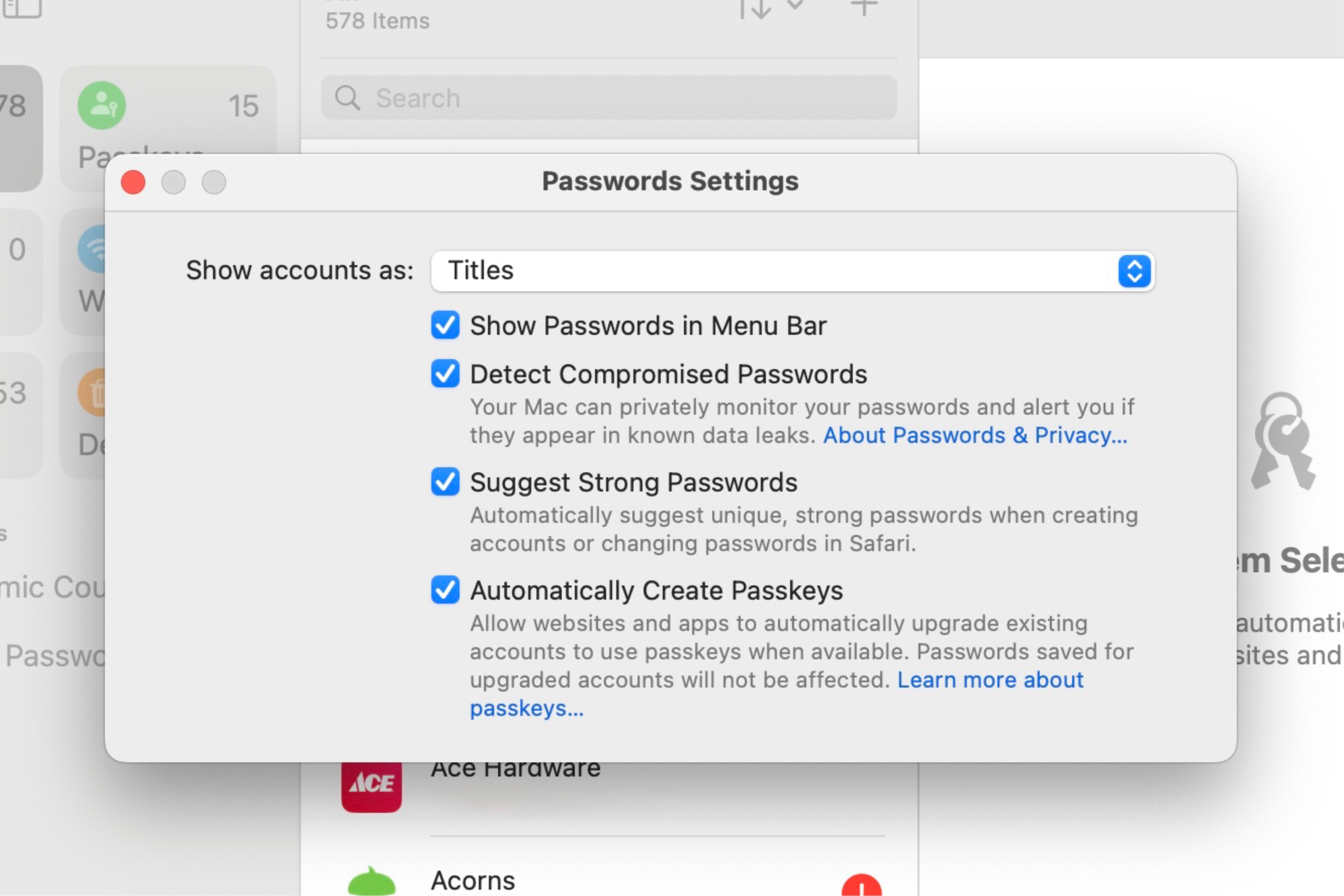 Setting screen to enable the Passwords app to show in the menu bar on your Mac.