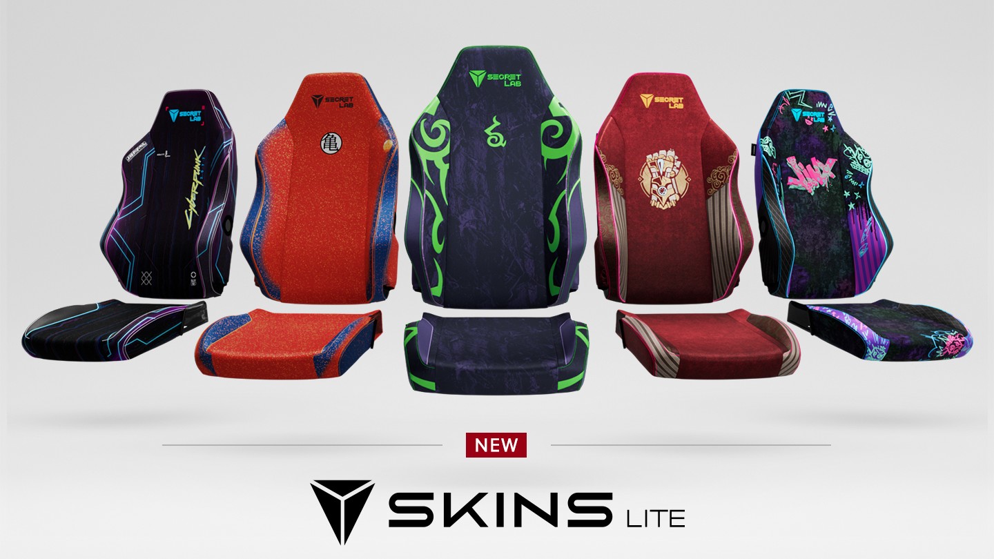 A banner showing five of the new Secretlab SKINS Lite designs.