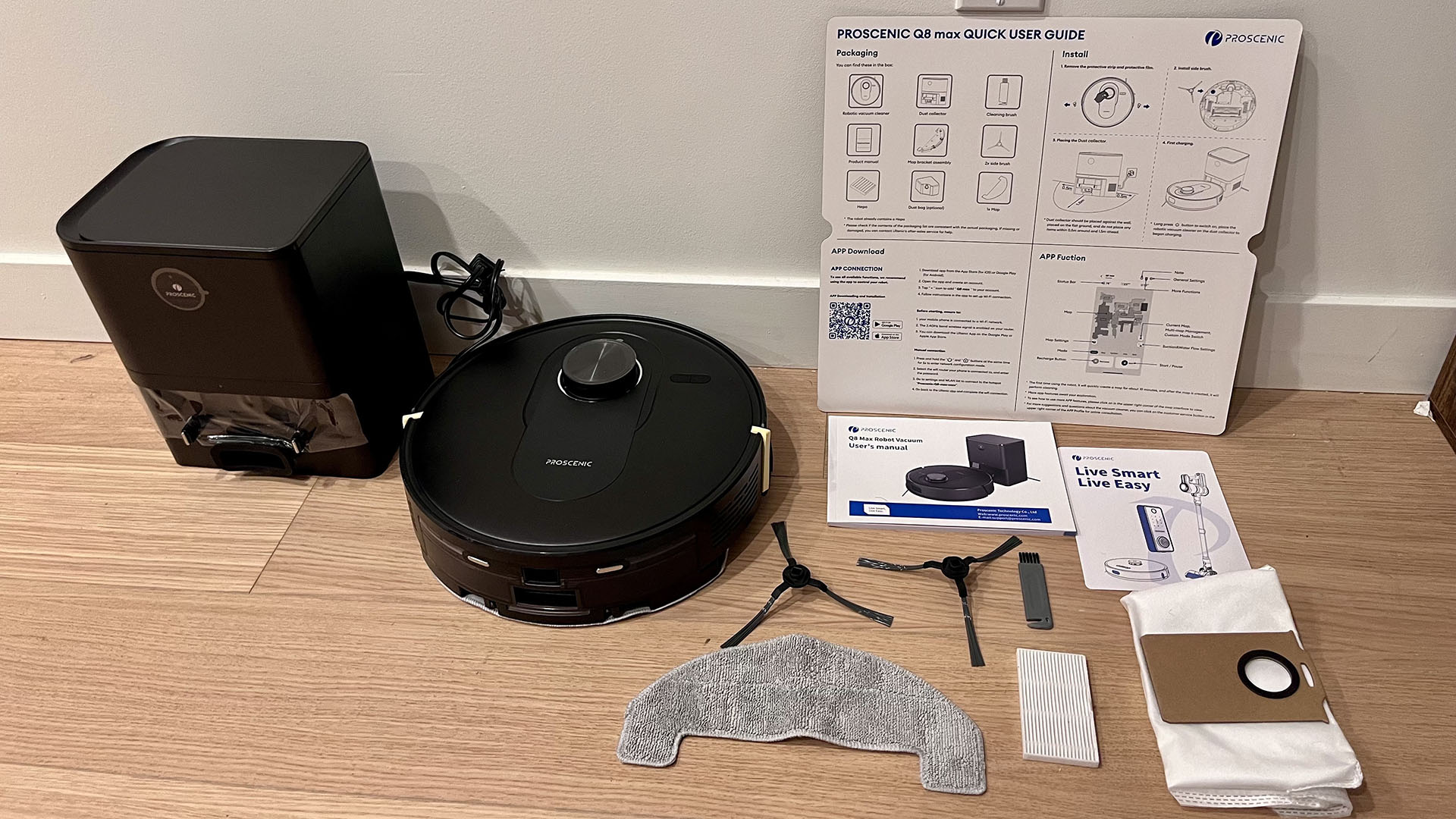 Proscenic Q8 Max robot vacuum and everything included in the box