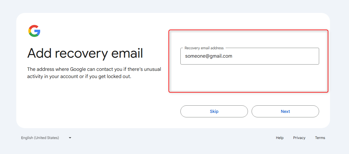 Adding a recovery email in Google's account creator.