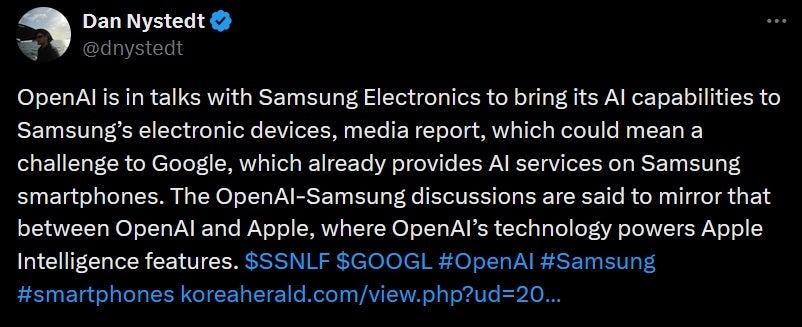 Tweet by tech analyst says Samsung is in talks with OpenAI." | Image credit-X - When it comes to AI on phones, Samsung and Apple say two heads are better than one